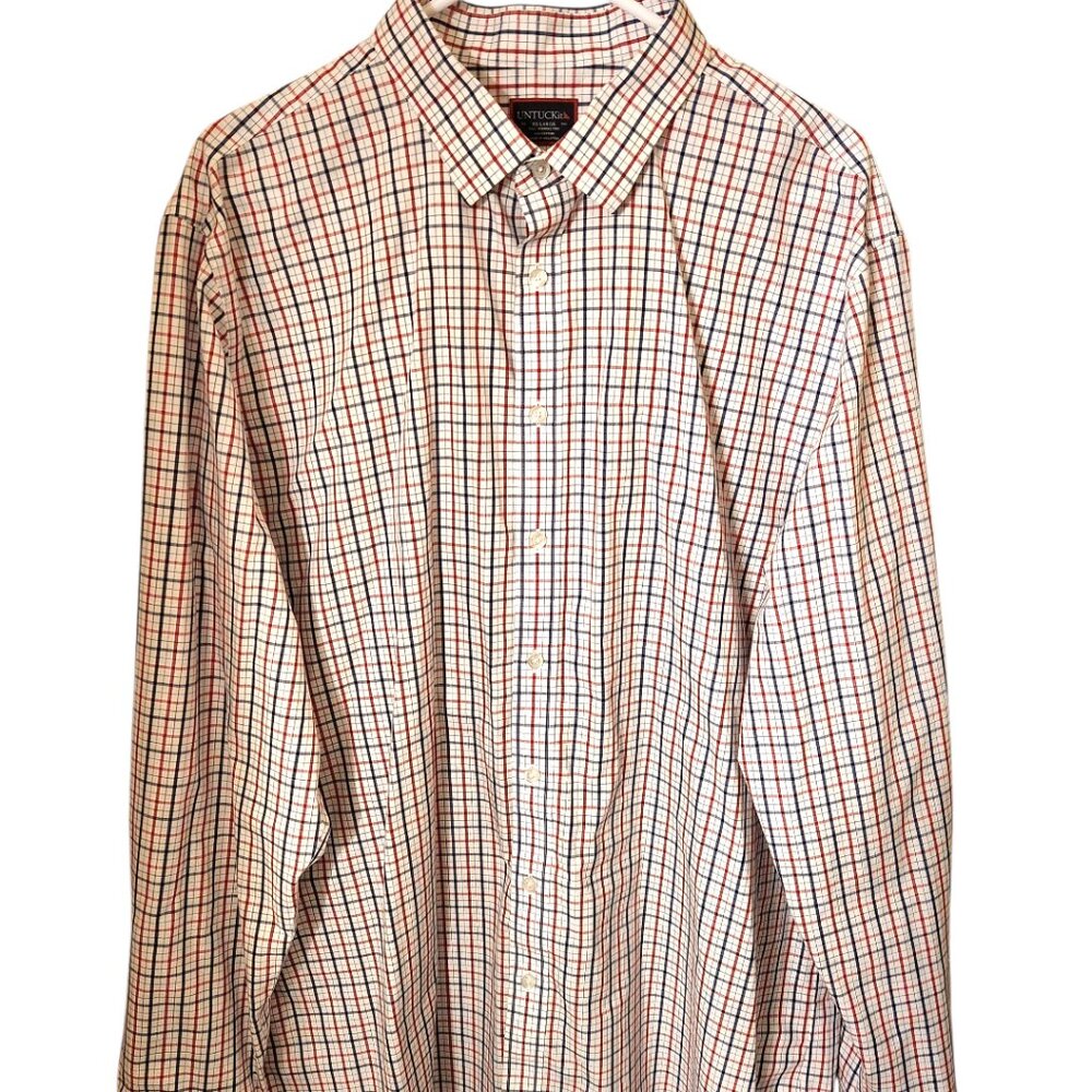 Untuckit Kesser WF Shirt Mens Size 2XLT White Red Blue Check Cotton Wrinkle Free
